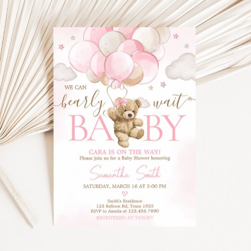 Boho Pink Bear Balloon Baby Shower  Invitation