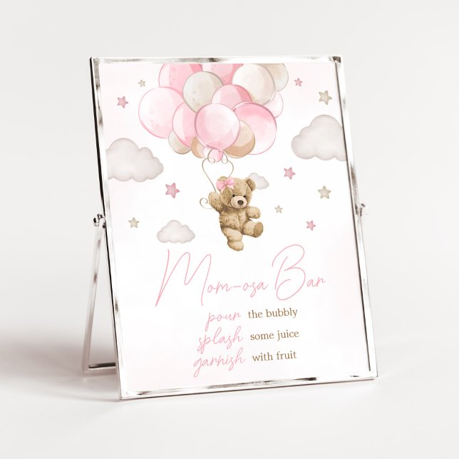 Boho Pink Bear Balloon Baby Shower Mom Osa Bar Poster (We Can Bearly Wait Pink Balloon Baby Shower Mom Osa Bar Sign)