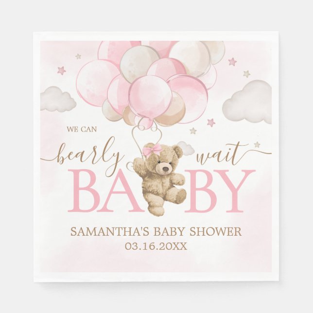 Boho Pink Bear Balloon Baby Shower Napkins (Front)