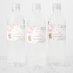 Boho Pink Bear Balloon Baby Shower Water Bottle Label