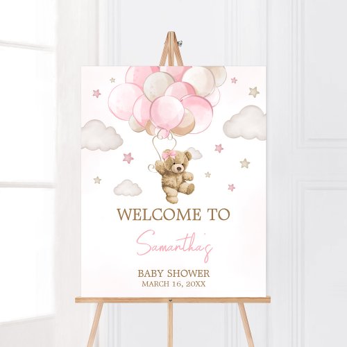 Boho Pink Bear Balloon Baby Shower Welcome Poster