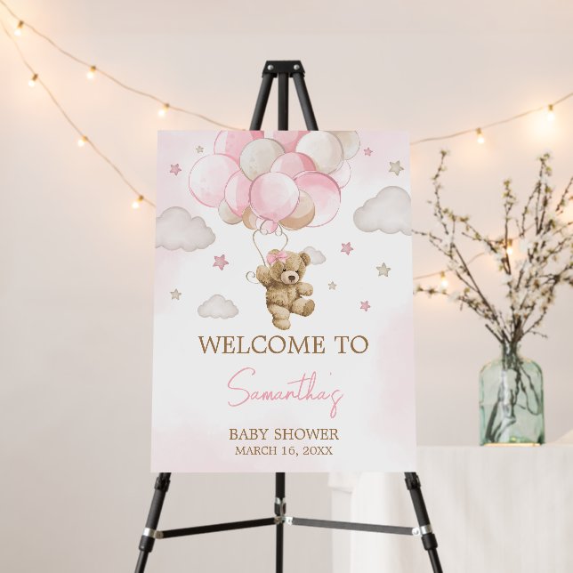 Boho Pink Bear Balloon Baby Shower Welcome Sign (In Situ (Stand))