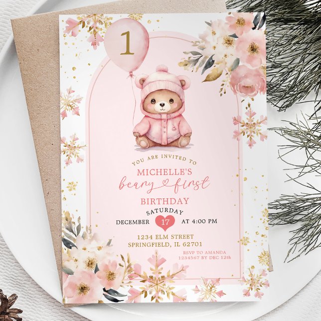 Boho Pink Beary First Winter Birthday Floral Invitation (Creator Uploaded)