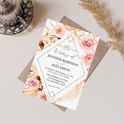 Boho Pink  Beige Floral Gold Wedding Invitation