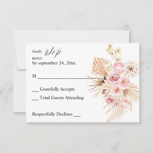 Boho Pink  Beige Floral Pampas Grass no Meal RSVP