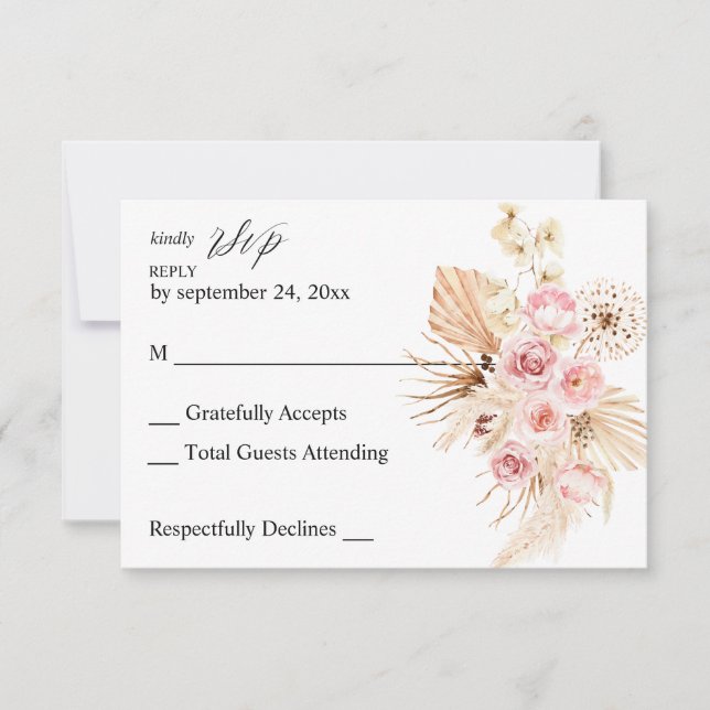 Boho Pink & Beige Floral Pampas Grass no Meal RSVP Card (Front)