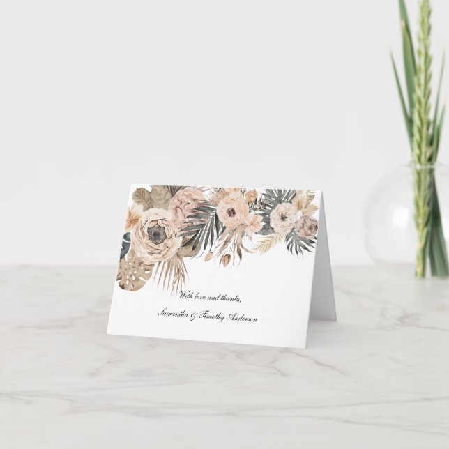 Boho Pink Beige Gray Floral Botanical Wedding  Thank You Card (Front)