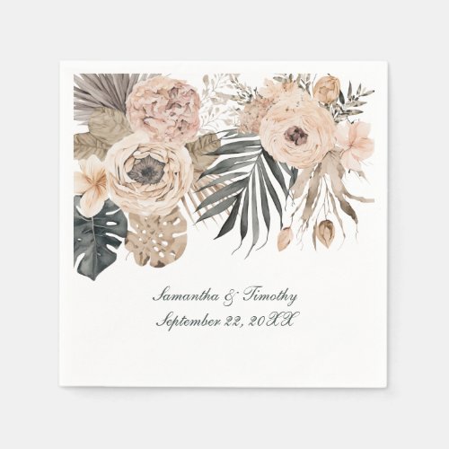 Boho Pink Beige Gray Floral Botanicals Wedding Napkins