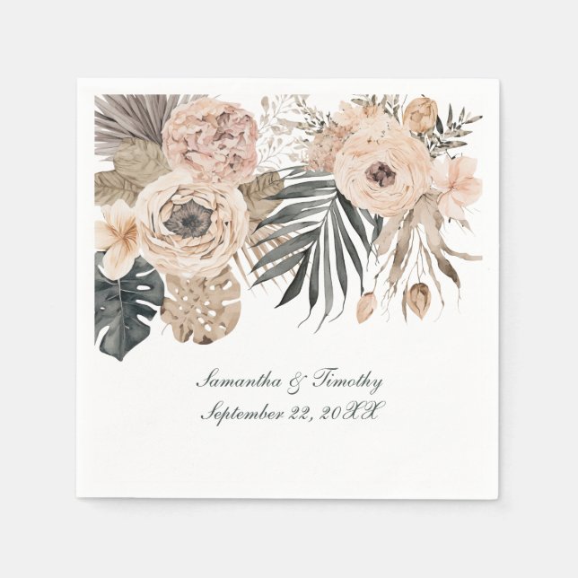 Boho Pink Beige Gray Floral Botanicals Wedding Napkins (Front)