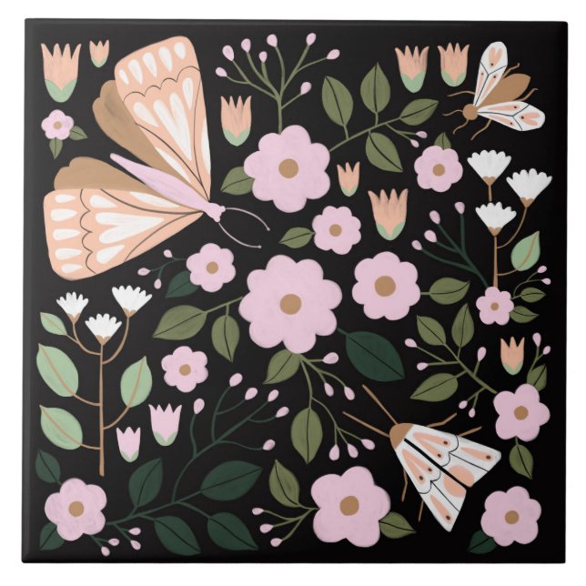 Boho pink black girly floral butterfly moth art ceramic tile (Front)
