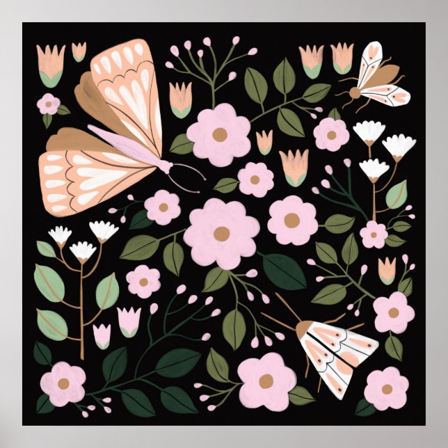 Boho pink black girly floral butterfly moth art poster (Front)