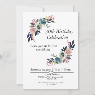 Boho Pink Blue Blush Customizable 30th Birthday Invitation