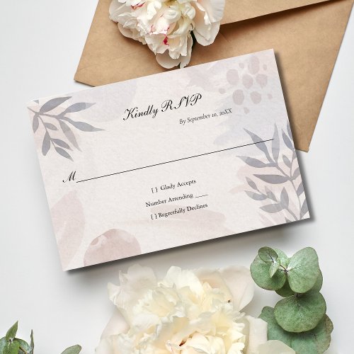 Boho Pink Blue Botanical Leaves Watercolor Wedding RSVP Card