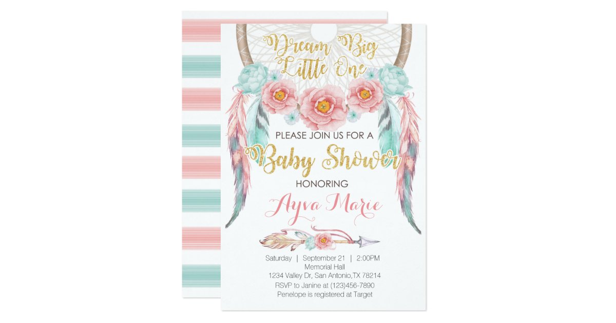 Boho Pink Blue Dreamcatcher Baby Shower Invitation Zazzle Com