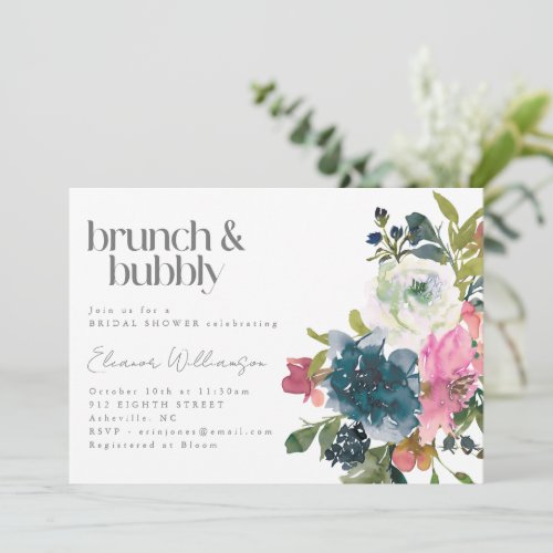 Boho Pink Blue Floral Bridal Brunch Bubbly Shower Invitation