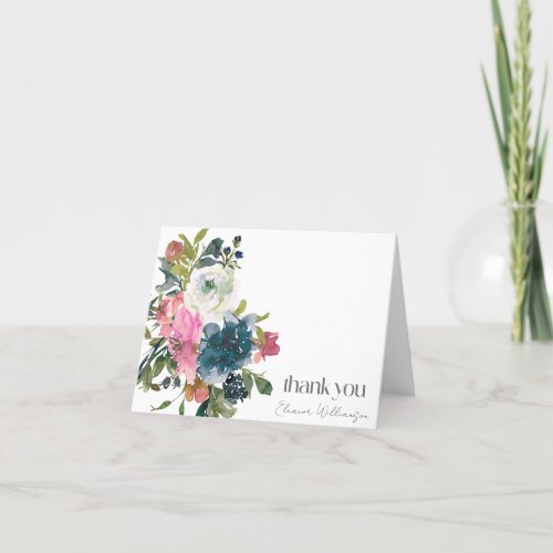 Boho Pink Blue Floral Custom Bridal Shower Name Thank You Card