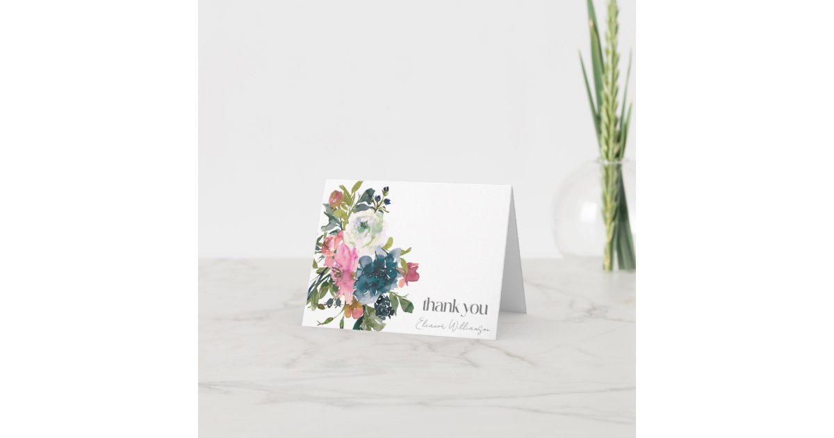 Boho Pink Blue Floral Custom Bridal Shower Name Thank You Card | Zazzle