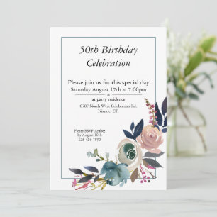 Boho Pink Blue Floral Customizable 50th Birthday Invitation