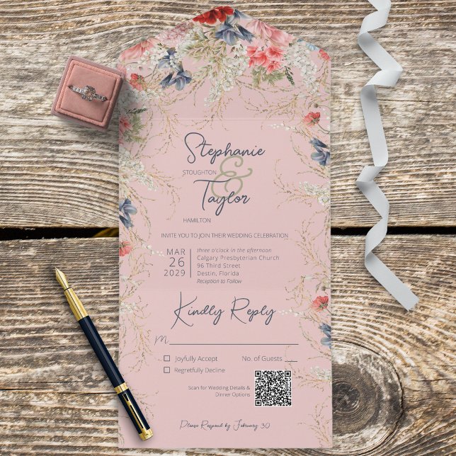 Boho Pink & Blue Floral Pink QR Code All In One Invitation (Also available without a QR code; with or without dinner selection options.)