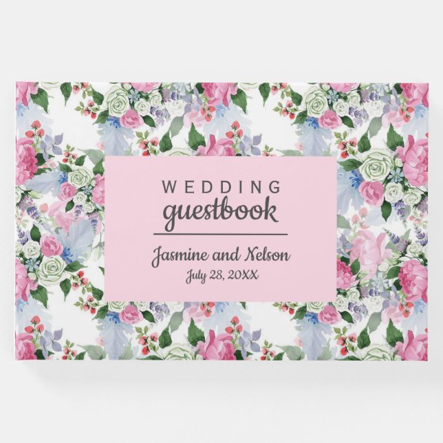 Boho Pink Blue flowers Wedding Personalized Flower Guest Book (Front)