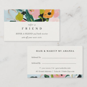 Boho Pink Blue Green Painted Floral Refer A Friend Business Card