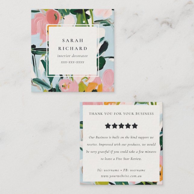 Boho Pink Blue Green Painted Floral Review Request Square Business Card (Front/Back)
