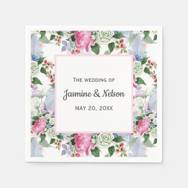 BOHO PINK BLUE LILAC PERSONALIZED WEDDING NAPKINS (Front)