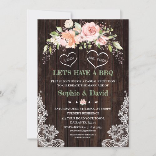 Boho Pink Blush Floral Lace Corner Barn I DO BBQ Invitation