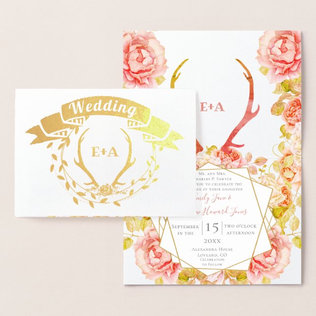 Boho Pink Blush Rose Gold Antler Wedding Real Gold Foil Card (Display)