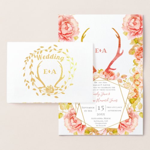 Boho Pink Blush Rose Gold Antler Wedding Real Gold Foil Card