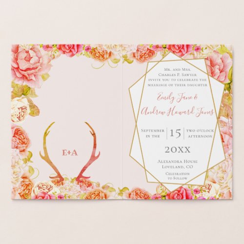 Boho Pink Blush Rose Gold Antler Wedding Real Gold Foil Card