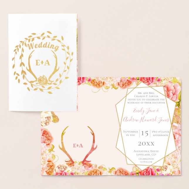 Boho Pink Blush Rose Gold Antler Wedding Real Gold Foil Card (Display)