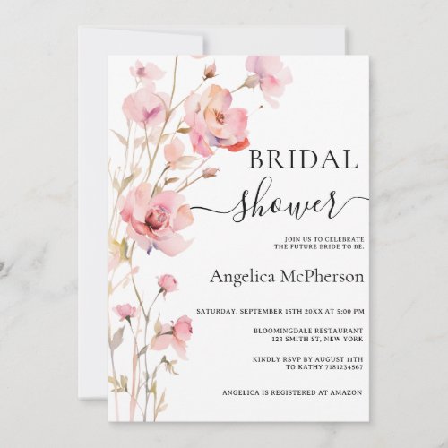 BOHO PINK BLUSH WATERCOLOR FLOWERS BRIDAL SHOWER  INVITATION