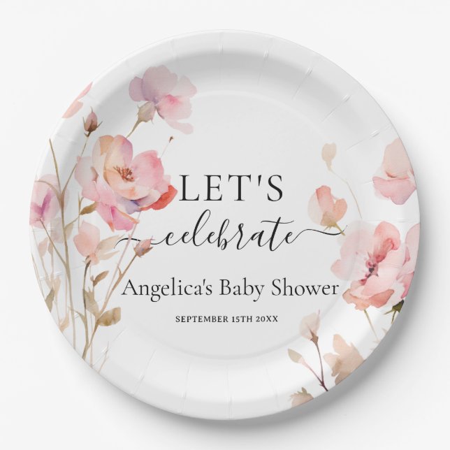 BOHO PINK BLUSH WATERCOLOR MEADOW FLOWERS  PAPER PLATES (Front)