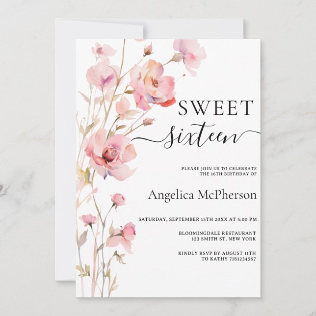 BOHO PINK BLUSH WATERCOLOR MEADOW FLOWERS SWEET 16 INVITATION (Front)
