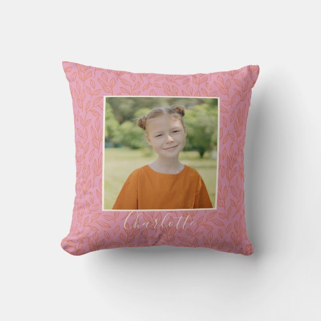 Boho Pink Botanical Pattern Personalized Photo Throw Pillow (Front)
