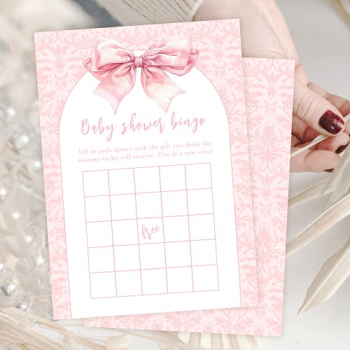 Boho Pink Bow Baby Girl Shower Bingo Game Card
