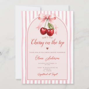Boho Pink Bow Cherry on Top Bridal Shower Stripe Invitation
