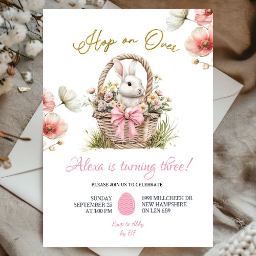 Boho Pink Bow Floral Easter Bunny Birthday