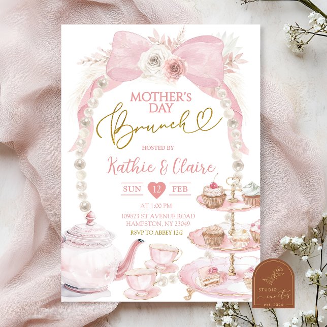 Boho Pink Bow Mother's Day Cupcake Brunch Invitation (Creator Uploaded)