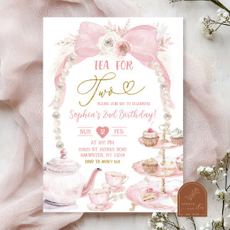 Boho Pink Bow Pearl Tea For Two Birthday Invitation
