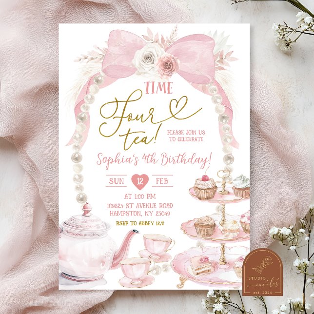 Boho Pink Bow Time Four Tea Birthday Invitation (Creator Uploaded)