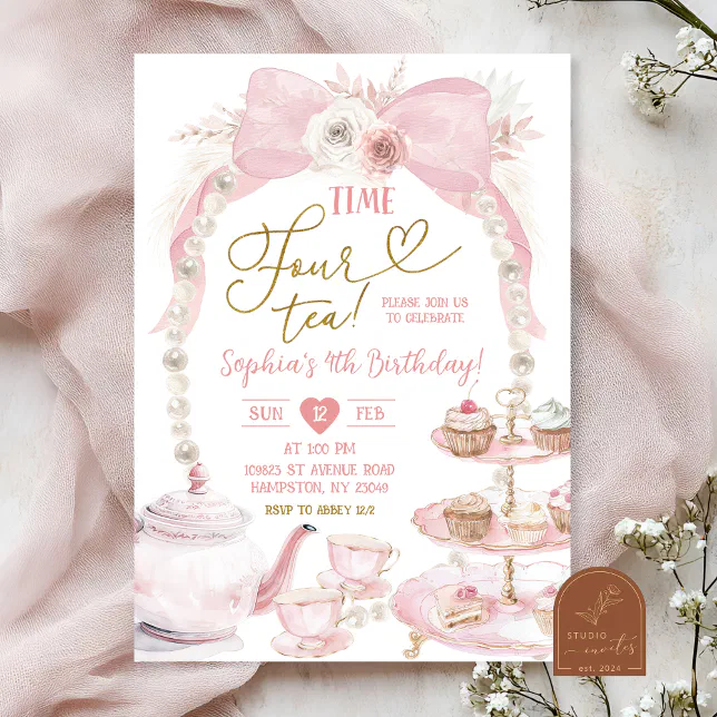 Time Four Tea Invitation Boho Pink Bow Time Four Tea Birthday Invitation | Zazzle