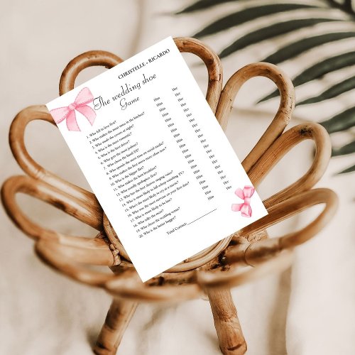 Boho Pink Bow Wedding shoe game party game Card