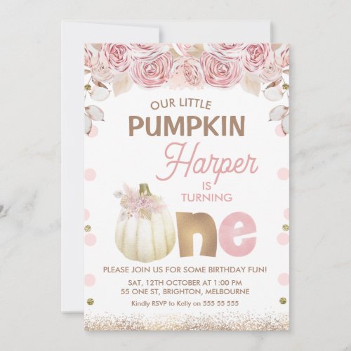 Boho Pink Brown Floral Pumpkin 1st Birthday  Invitation