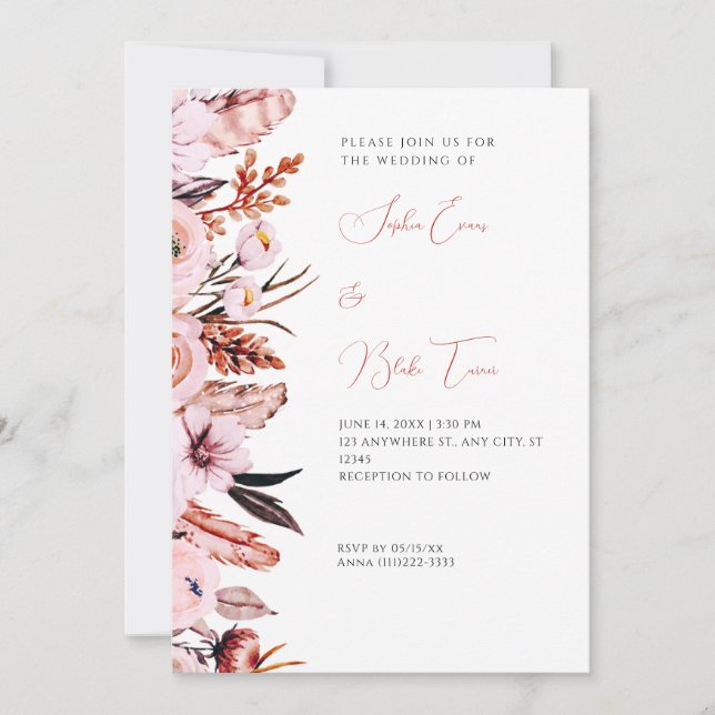 Boho Pink & Brown Flowers & Feathers White Wedding Invitation (Front)