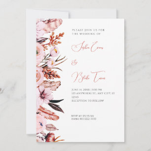 Boho Pink & Brown Flowers & Feathers White Wedding Invitation