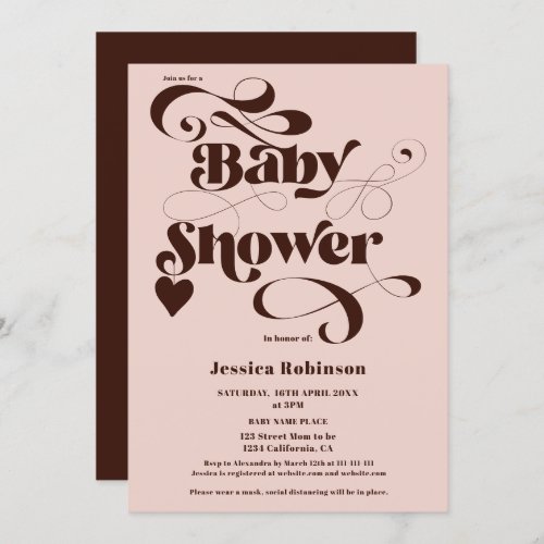 boho pink brown heart script bold baby shower invitation