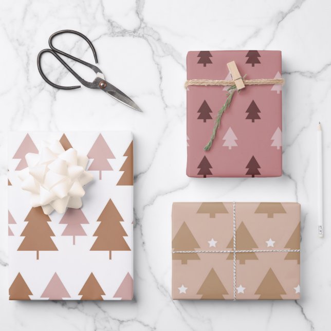 Boho Pink Brown White Christmas Trees Holiday   Wrapping Paper Sheets (Front)