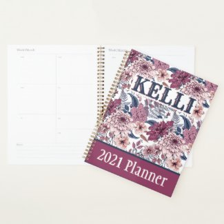 Boho Pink Burgundy Floral and Blue Botanicals Planner
